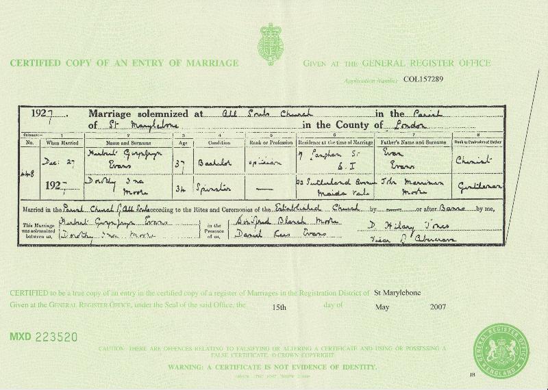 Herbert Gwynfryn Evans & Dorothy Ina Moore 1927 Marriage Certificate